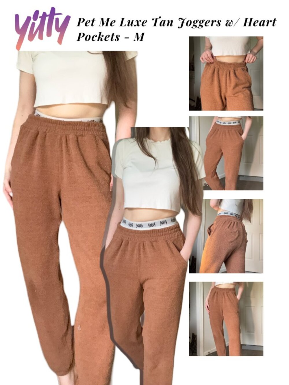 Yitty Pet Me Luxe Tan Joggers – Heart Pocket, High Waisted M